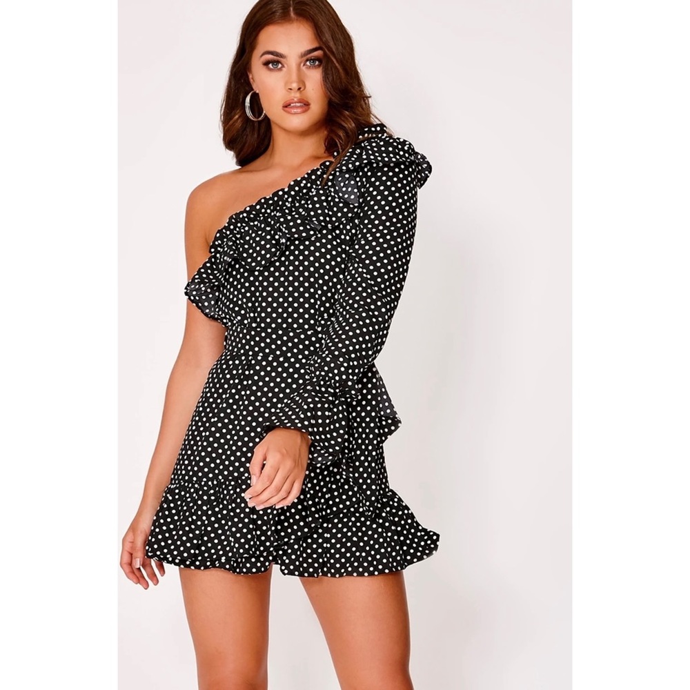 Nasty Gal Polka Dot One Shoulder Dress Size 4 Cocktail Ruffle Waist Tie